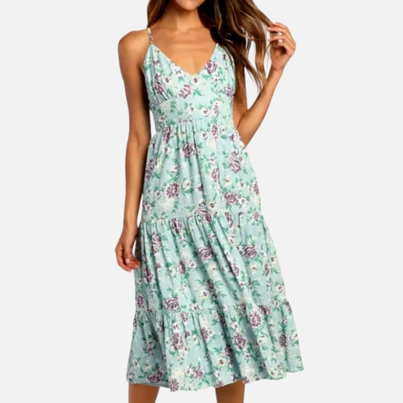 Lulus Dresses & Skirts - Lulu's Bliss Abound Bliss Baby Blue w/Purple Roses Ruffle Tiered Midi Dress
